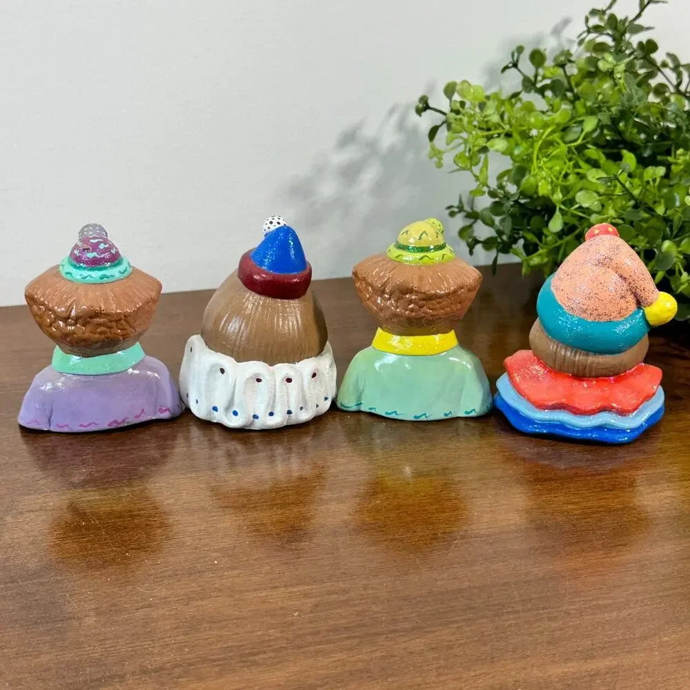 Vintage Handmade Ceramic Clown Cake Toppers Set of 4 Circus Heads Figurines